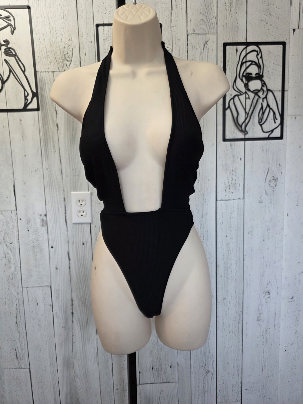 Bozzolo Black Ribbed Plunge Thong One-Piece Swimsuit Size Small